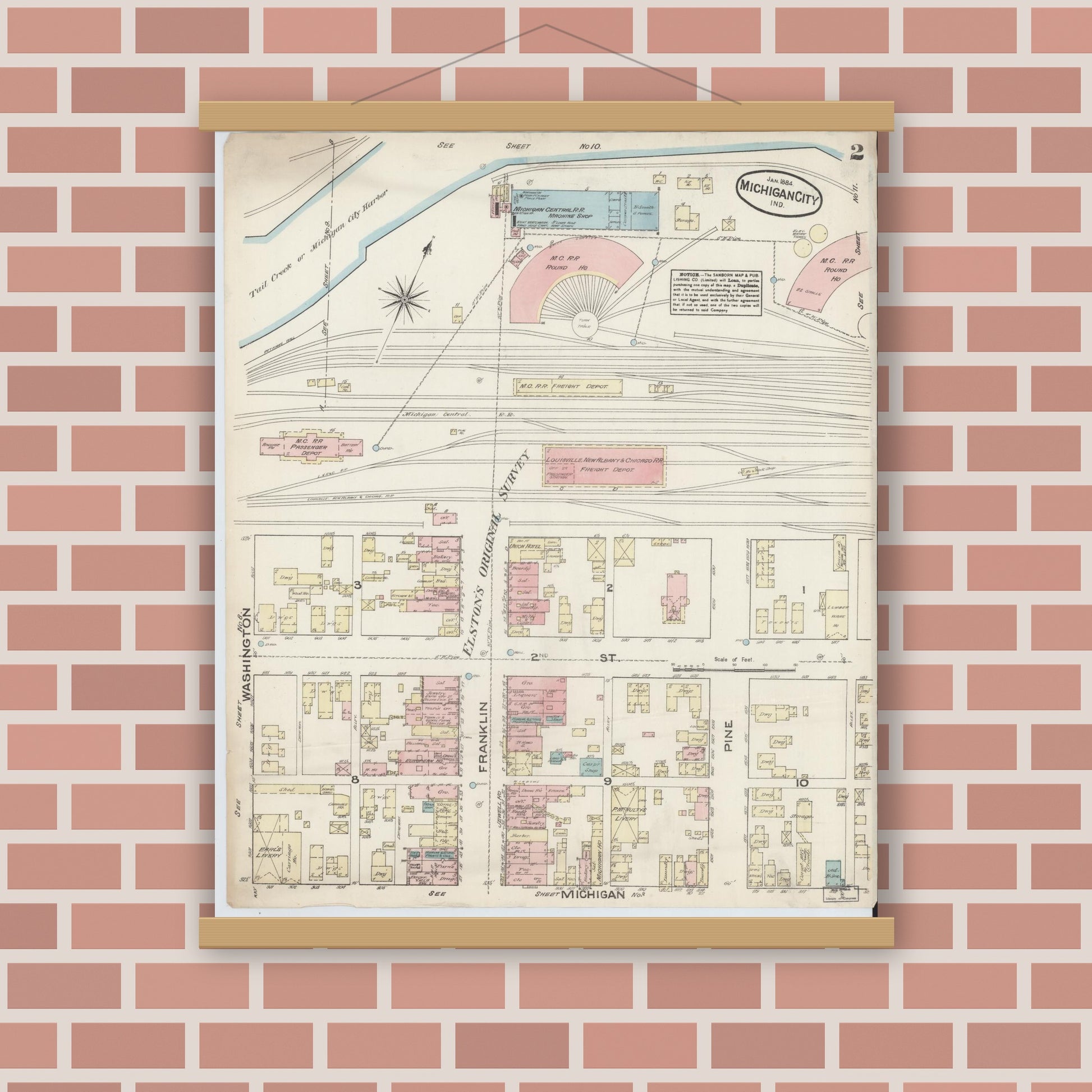 Old map wall art mockup — magnetic wood frame on brick wall — Sanborn Fire Insurance Map from Michigan City, La Porte  County, Indiana (1884), Sheet #0002