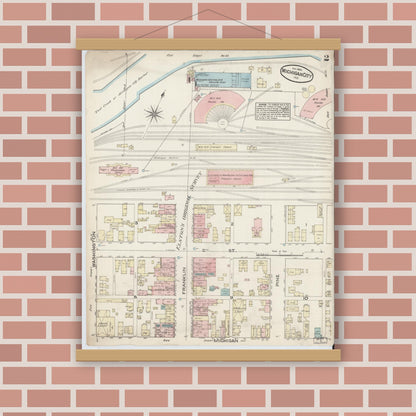 Old map wall art mockup — magnetic wood frame on brick wall — Sanborn Fire Insurance Map from Michigan City, La Porte  County, Indiana (1884), Sheet #0002