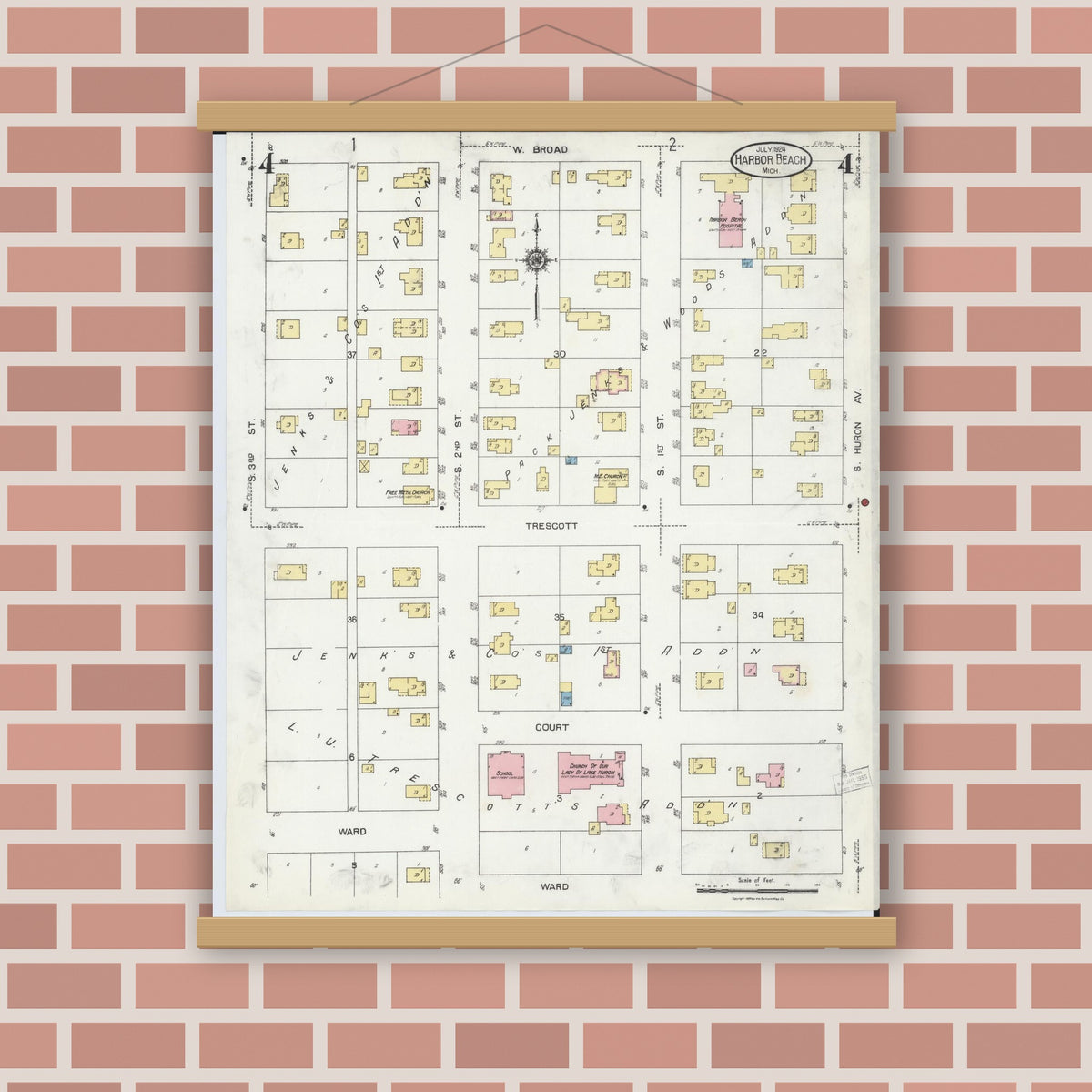 Old map wall art mockup — magnetic wood frame on brick wall — Sanborn Fire Insurance Map from Harbor Beach, Huron County, Michigan (1924), Sheet #0004