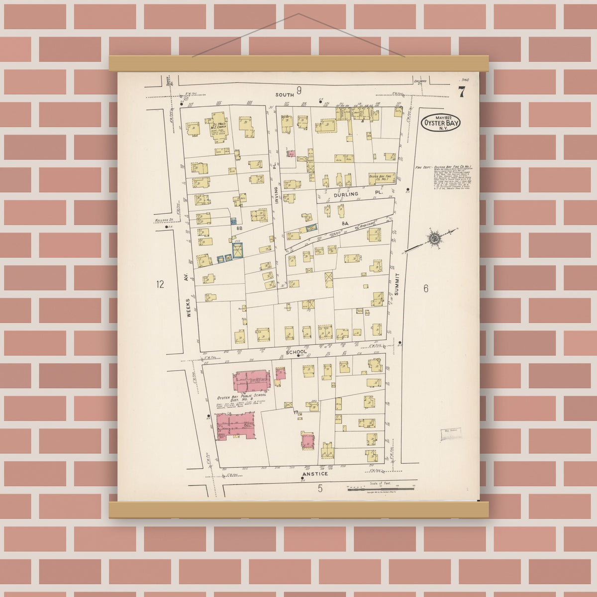 Old map wall art mockup — magnetic wood frame on brick wall — Sanborn Fire Insurance Map from Oyster Bay, Nassau County, New York (1922), Sheet #0007