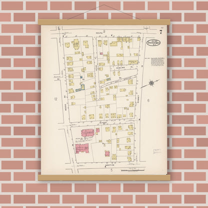 Old map wall art mockup — magnetic wood frame on brick wall — Sanborn Fire Insurance Map from Oyster Bay, Nassau County, New York (1922), Sheet #0007