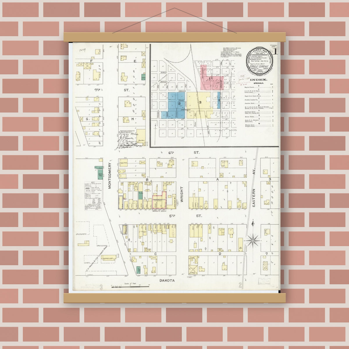 Old map wall art mockup — magnetic wood frame on brick wall — Sanborn Fire Insurance Map from Eagle Grove, Wright County, Iowa (1893) â€” Complete Set