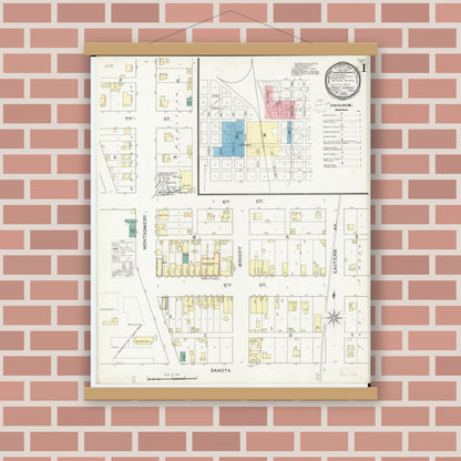 Old map wall art mockup — magnetic wood frame on brick wall — Sanborn Fire Insurance Map from Eagle Grove, Wright County, Iowa (1893) â€” Complete Set