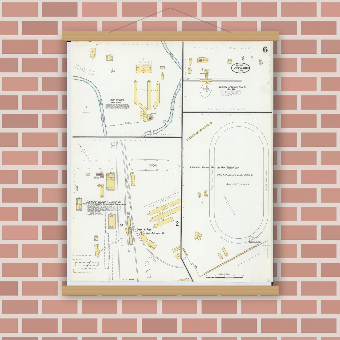 Old map wall art mockup — magnetic wood frame on brick wall — Sanborn Fire Insurance Map from Sebewaing, Huron County, Michigan (1901), Sheet #0006