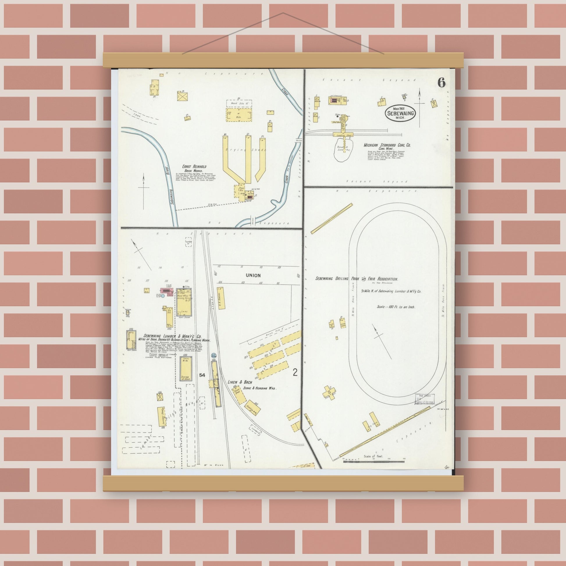 Old map wall art mockup — magnetic wood frame on brick wall — Sanborn Fire Insurance Map from Sebewaing, Huron County, Michigan (1901), Sheet #0006