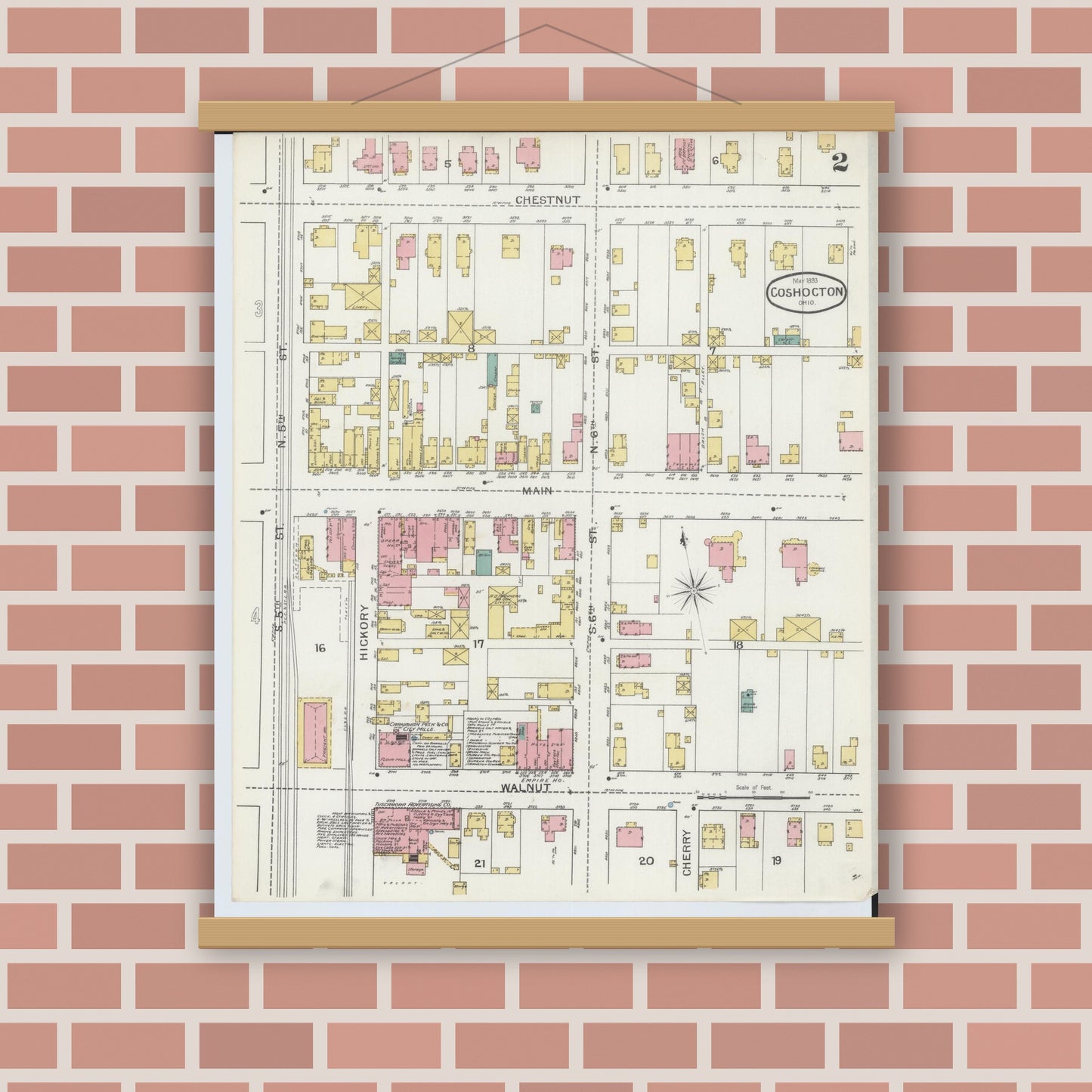 Old map wall art mockup — magnetic wood frame on brick wall — Sanborn Fire Insurance Map from Coshocton, Coshocton County, Ohio (1893), Sheet #0002