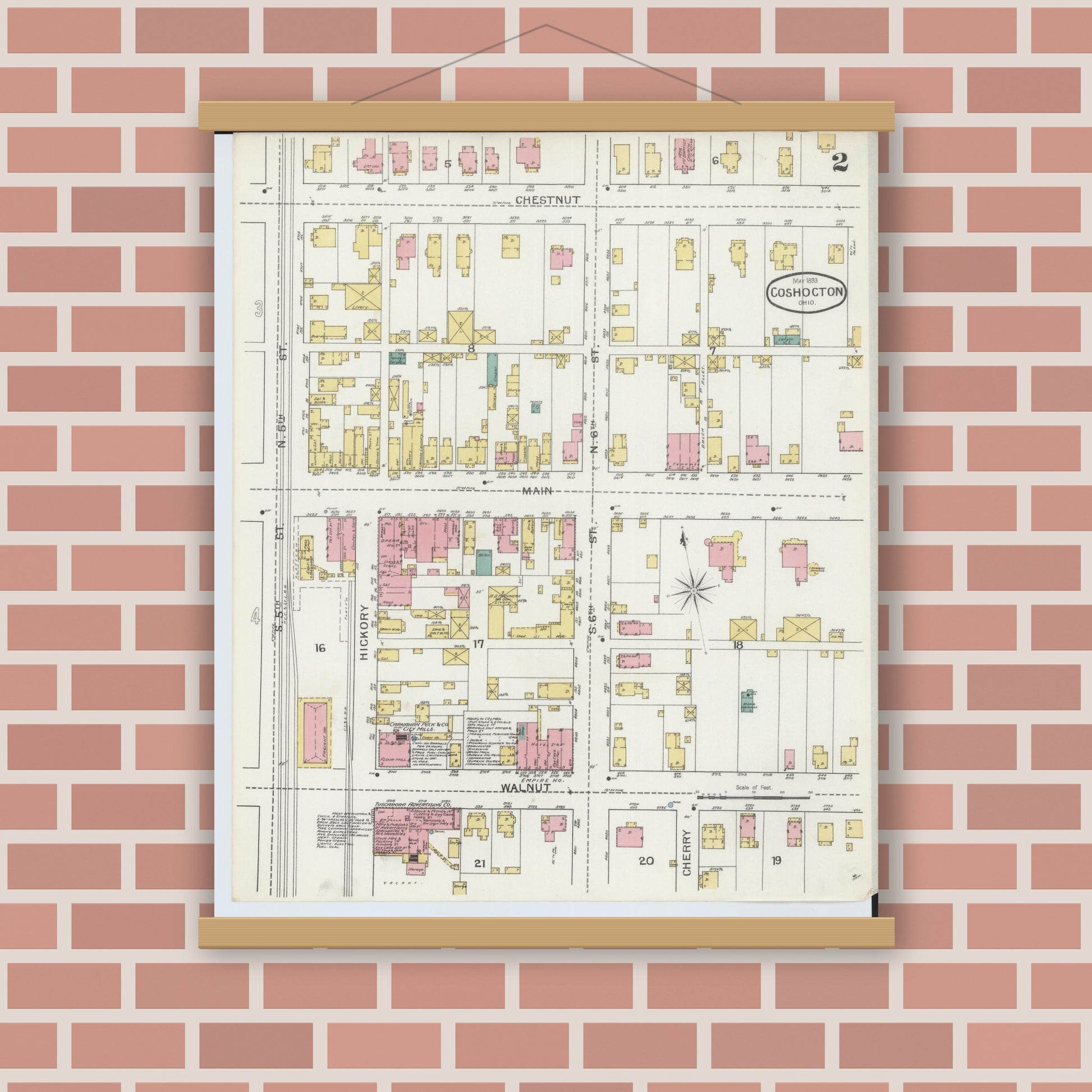 Old map wall art mockup — magnetic wood frame on brick wall — Sanborn Fire Insurance Map from Coshocton, Coshocton County, Ohio (1893), Sheet #0002