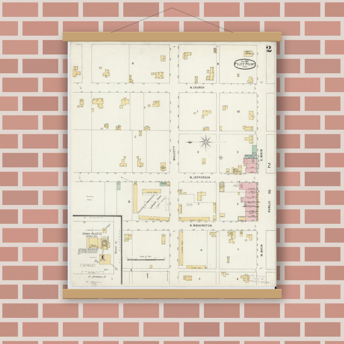 Old map wall art mockup — magnetic wood frame on brick wall — Sanborn Fire Insurance Map from Pilot Point, Denton County, Texas (1896), Sheet #0002