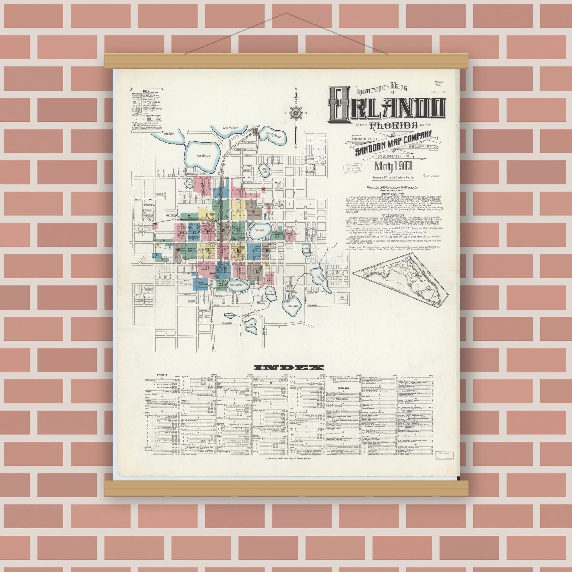 Old map wall art mockup — magnetic wood frame on brick wall — Sanborn Fire Insurance Map from Orlando, Orange County, Florida (1913) - Complete Map Set