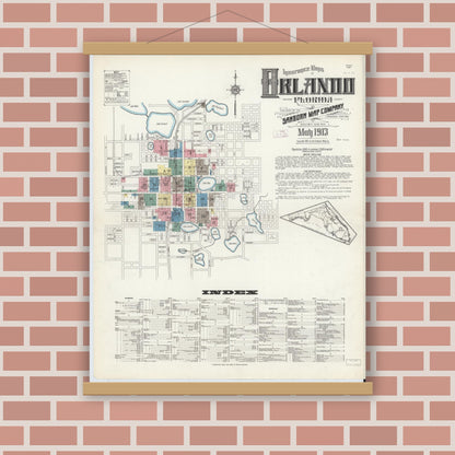 Old map wall art mockup — magnetic wood frame on brick wall — Sanborn Fire Insurance Map from Orlando, Orange County, Florida (1913) - Complete Map Set