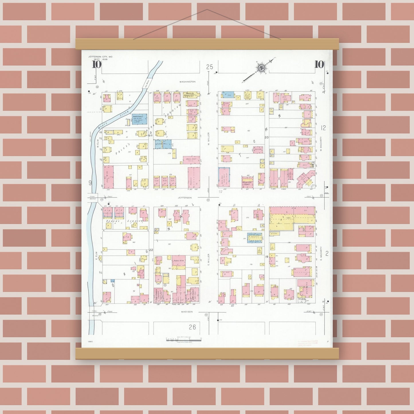 Old map wall art mockup — magnetic wood frame on brick wall — Sanborn Fire Insurance Map from Jefferson City, Cole County, Missouri (1939), Sheet #0010