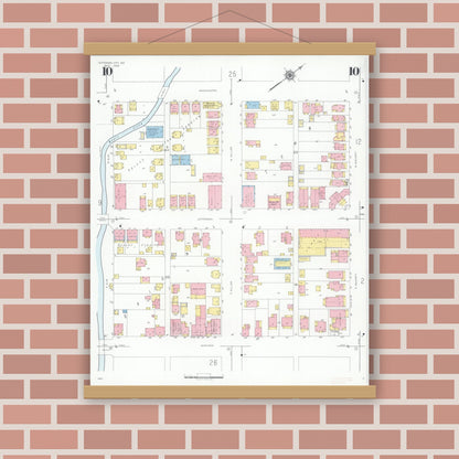 Old map wall art mockup — magnetic wood frame on brick wall — Sanborn Fire Insurance Map from Jefferson City, Cole County, Missouri (1939), Sheet #0010