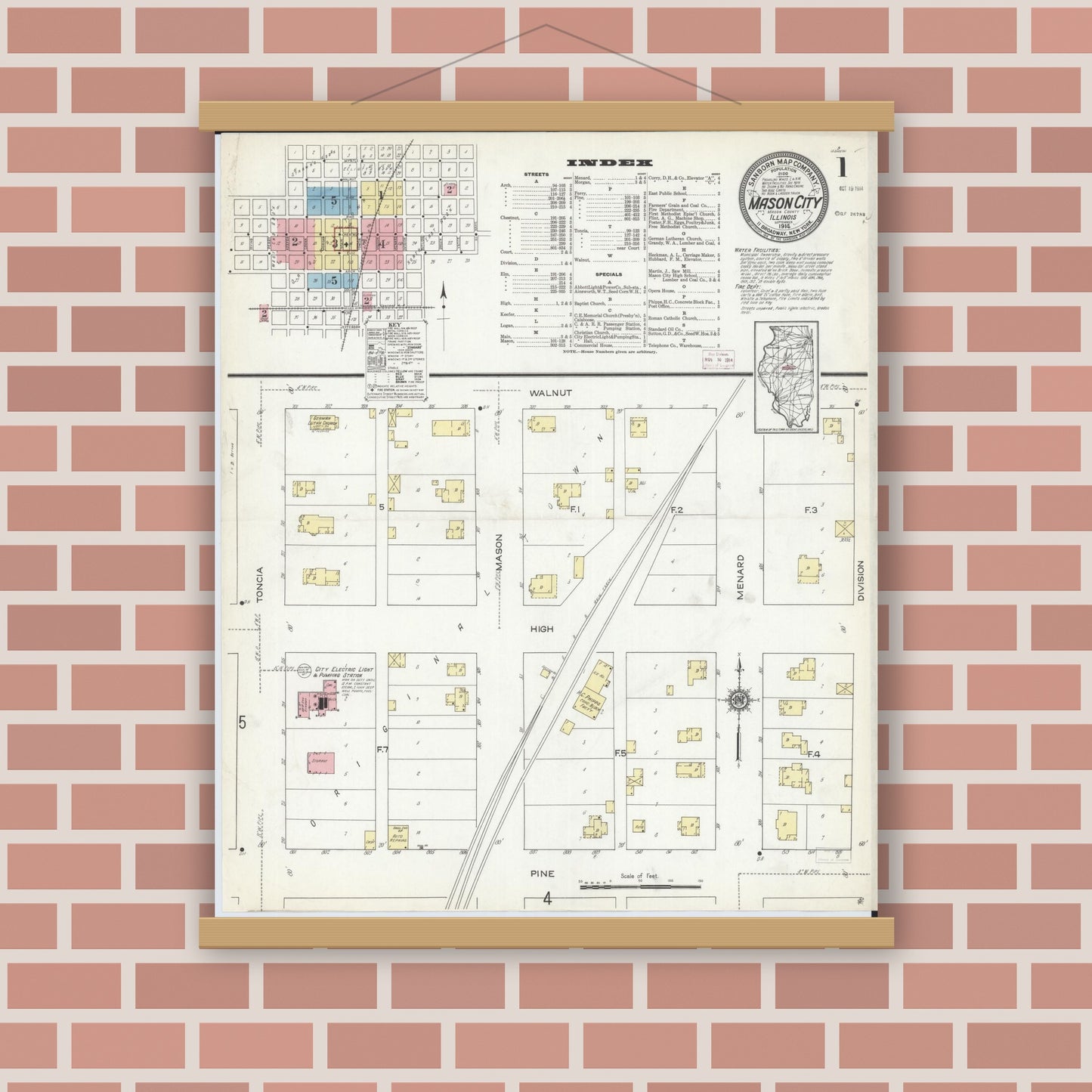 Old map wall art mockup — magnetic wood frame on brick wall — Sanborn Fire Insurance Map from Mason City, Mason County, Illinois (1914), Sheet #0001