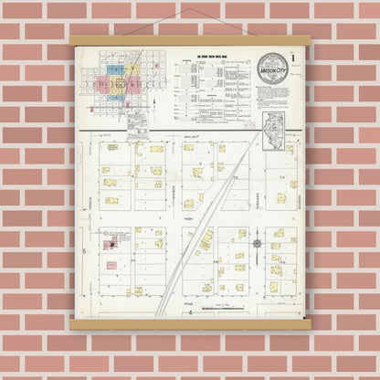 Old map wall art mockup — magnetic wood frame on brick wall — Sanborn Fire Insurance Map from Mason City, Mason County, Illinois (1914), Sheet #0001
