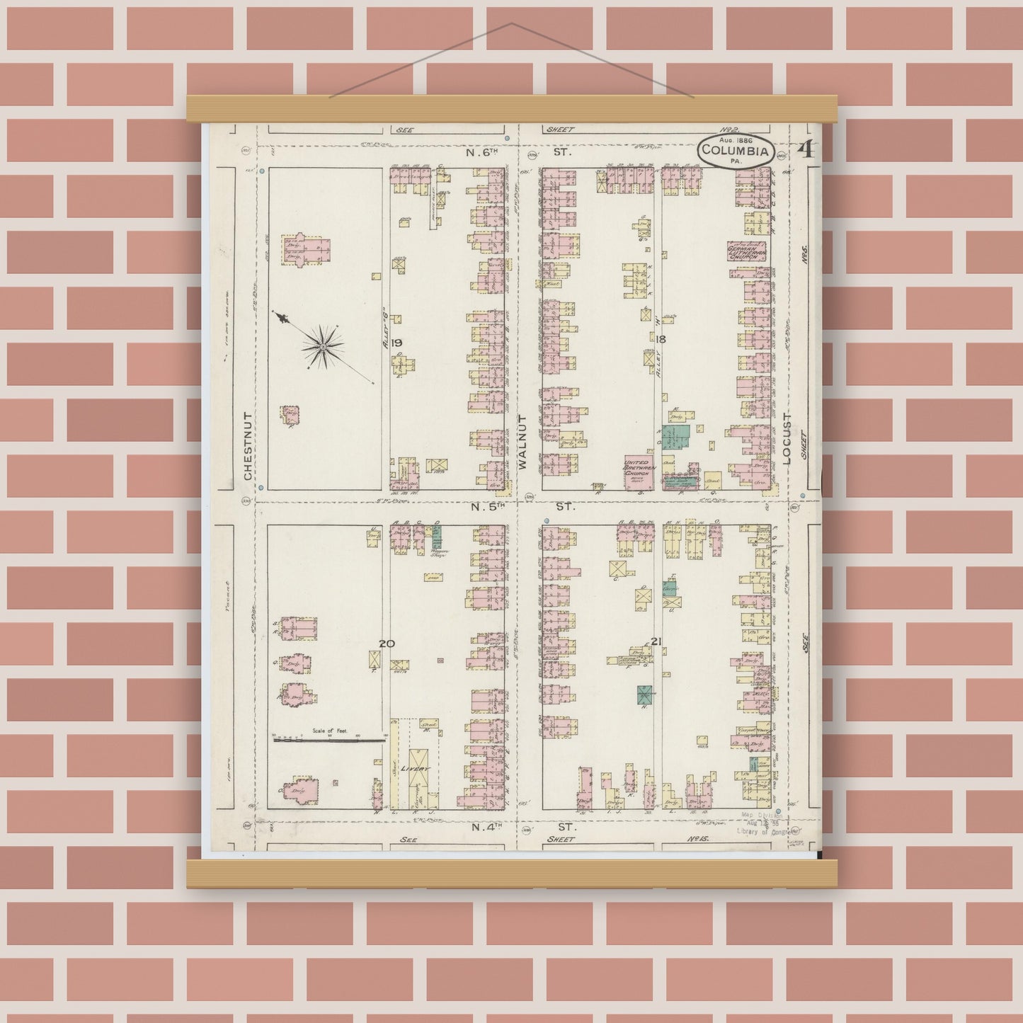 Old map wall art mockup — magnetic wood frame on brick wall — Sanborn Fire Insurance Map from Columbia, Lancaster County, Pennsylvania (1886), Sheet #0004