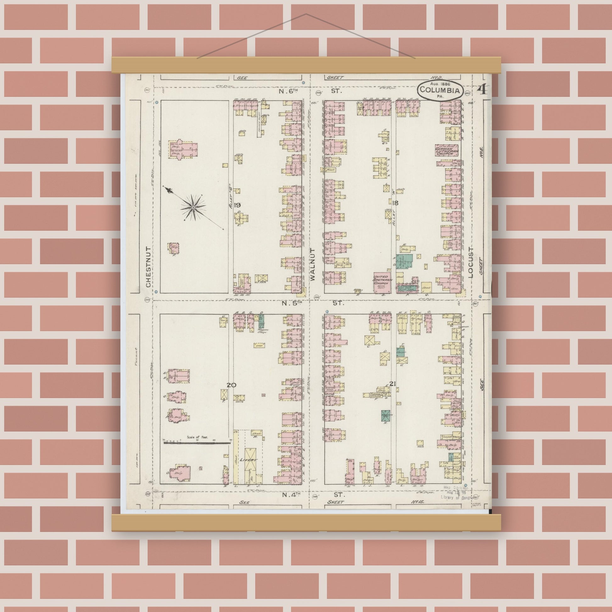 Old map wall art mockup — magnetic wood frame on brick wall — Sanborn Fire Insurance Map from Columbia, Lancaster County, Pennsylvania (1886), Sheet #0004
