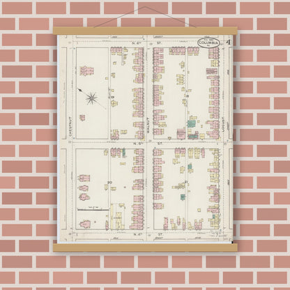 Old map wall art mockup — magnetic wood frame on brick wall — Sanborn Fire Insurance Map from Columbia, Lancaster County, Pennsylvania (1886), Sheet #0004