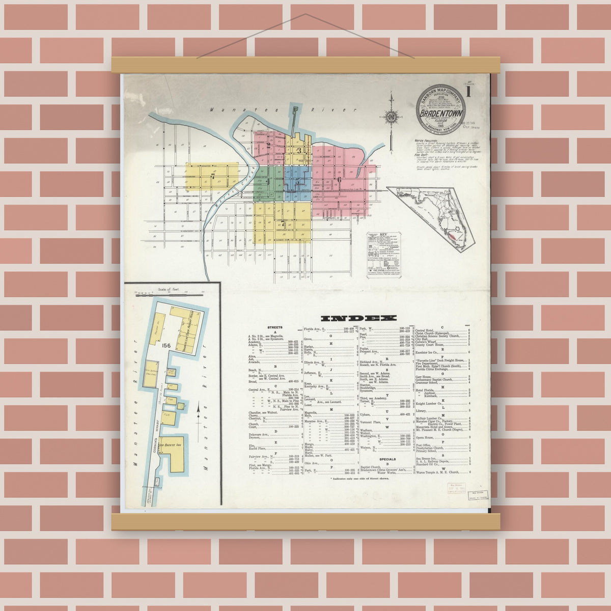 Old map wall art mockup — magnetic wood frame on brick wall — Sanborn Fire Insurance Map from Bradentown, Manatee County, Florida (1915), Sheet #0001