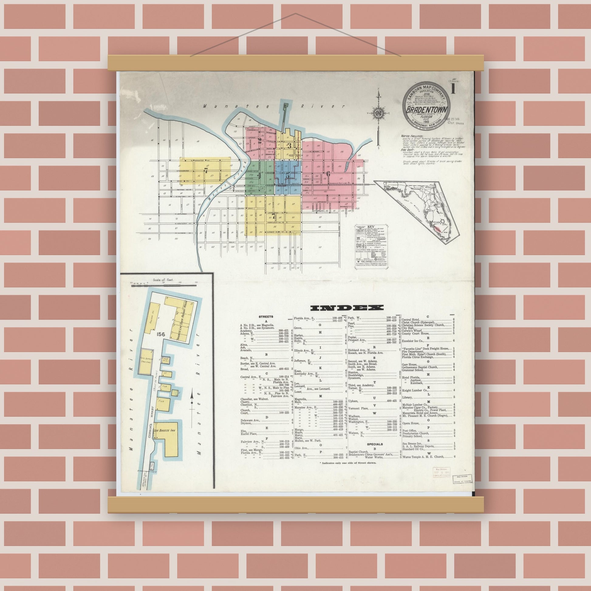 Old map wall art mockup — magnetic wood frame on brick wall — Sanborn Fire Insurance Map from Bradentown, Manatee County, Florida (1915), Sheet #0001
