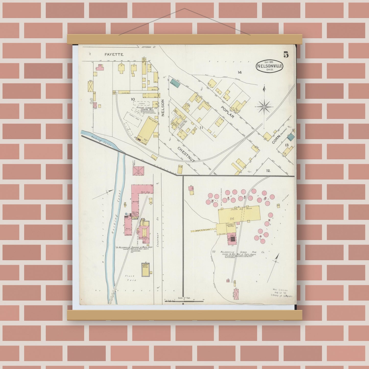 Old map wall art mockup — magnetic wood frame on brick wall — Sanborn Fire Insurance Map from Nelsonville, Athens County, Ohio (1893), Sheet #0005