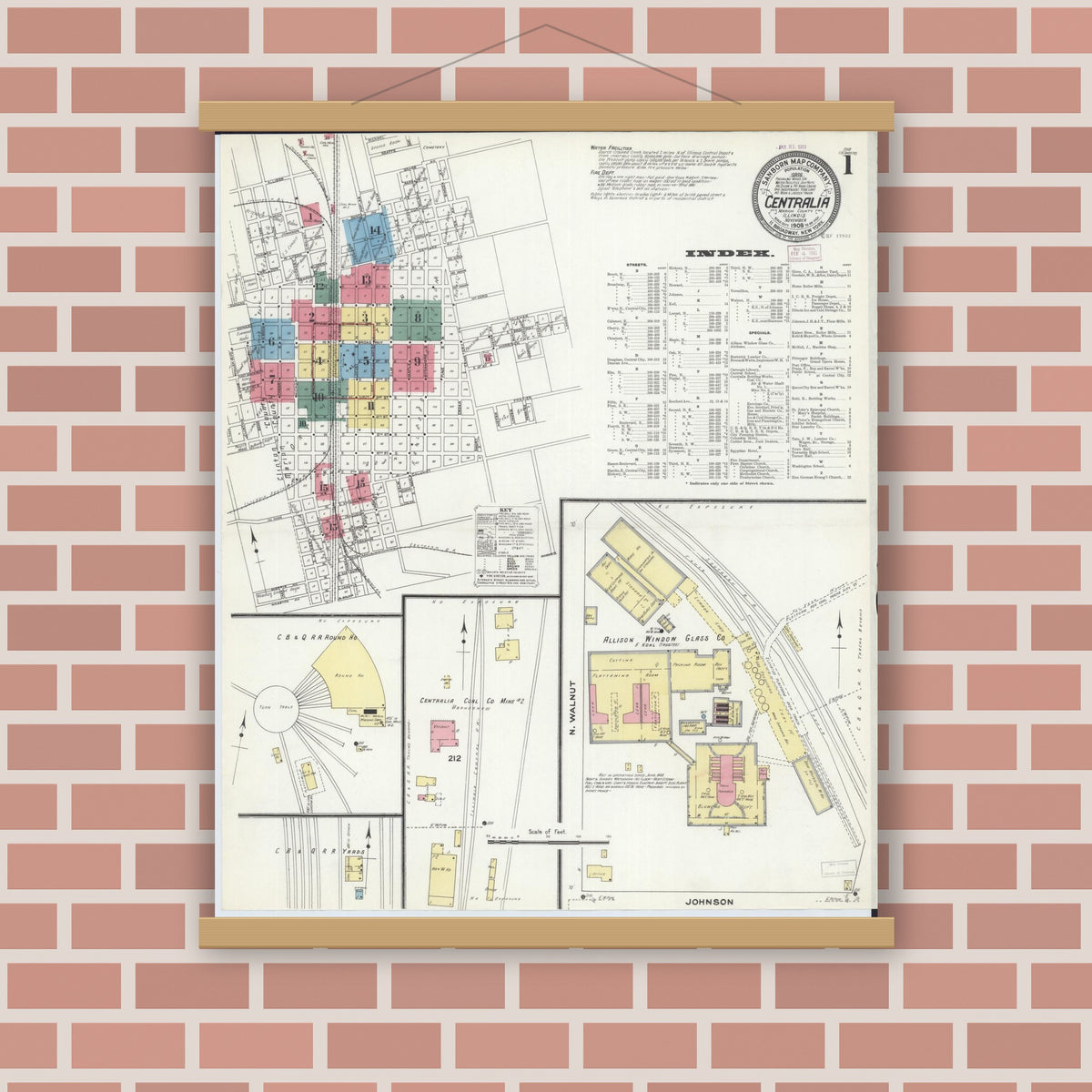 Old map wall art mockup — magnetic wood frame on brick wall — Sanborn Fire Insurance Map from Centralia, Marion, Clinton, Jefferson, and Washington Counties, Illinois (1909), Sheet #0001
