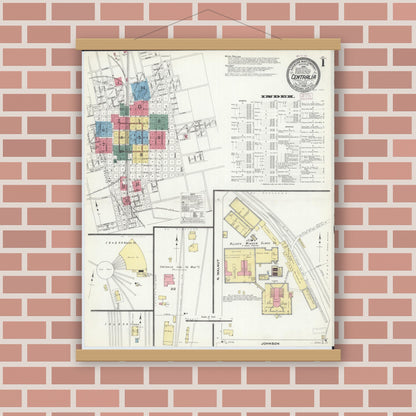 Old map wall art mockup — magnetic wood frame on brick wall — Sanborn Fire Insurance Map from Centralia, Marion, Clinton, Jefferson, and Washington Counties, Illinois (1909), Sheet #0001