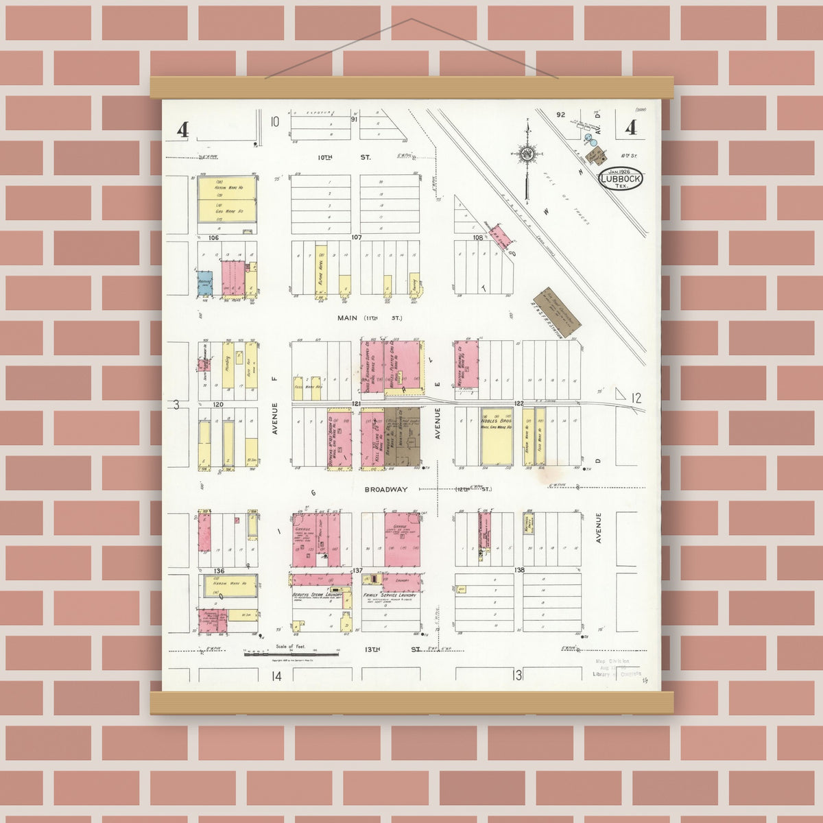 Old map wall art mockup — magnetic wood frame on brick wall — Sanborn Fire Insurance Map from Lubbock, Lubbock County, Texas (1926), Sheet #0004
