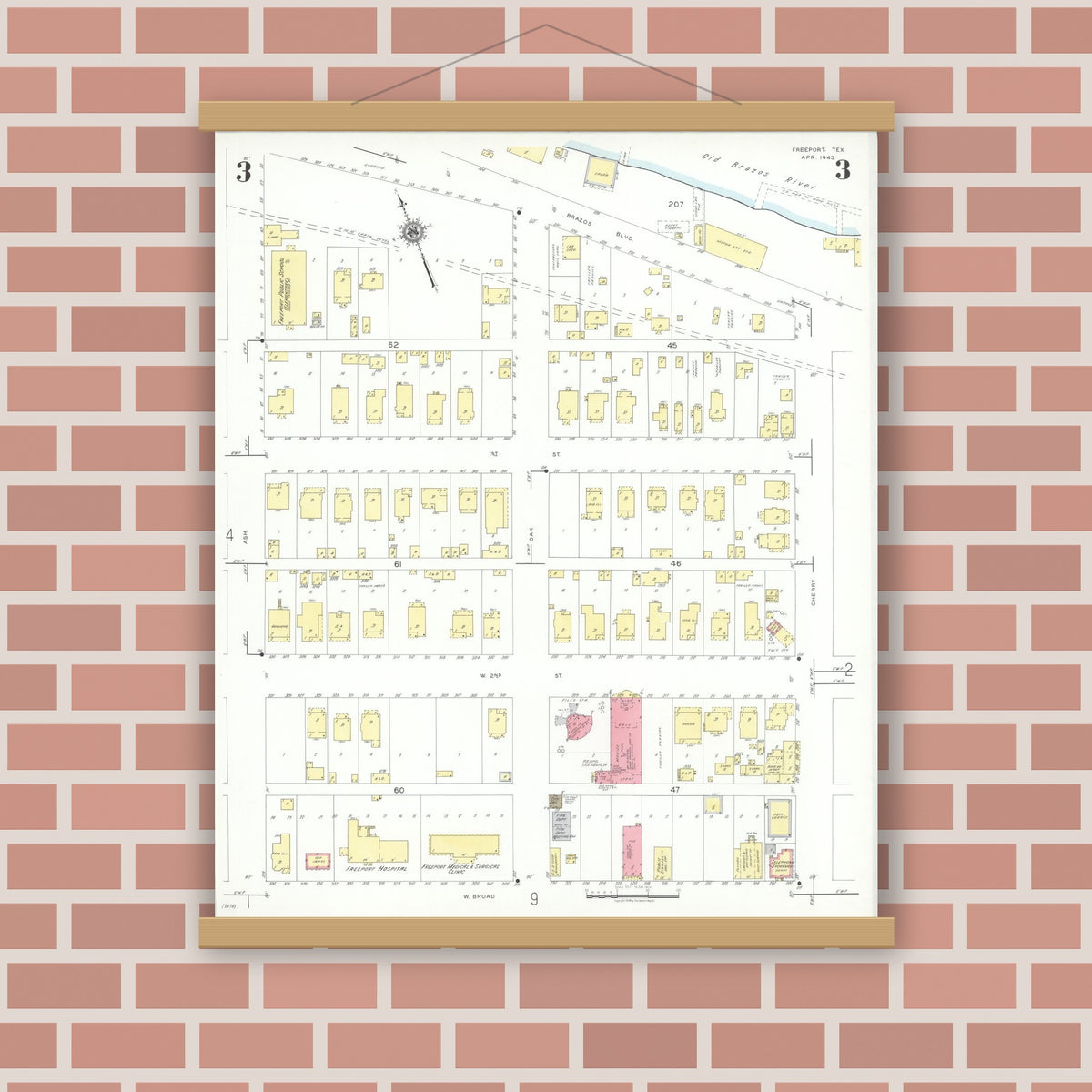 Old map wall art mockup — magnetic wood frame on brick wall — Sanborn Fire Insurance Map from Freeport, Brazoria County, Texas (1943), Sheet #0003