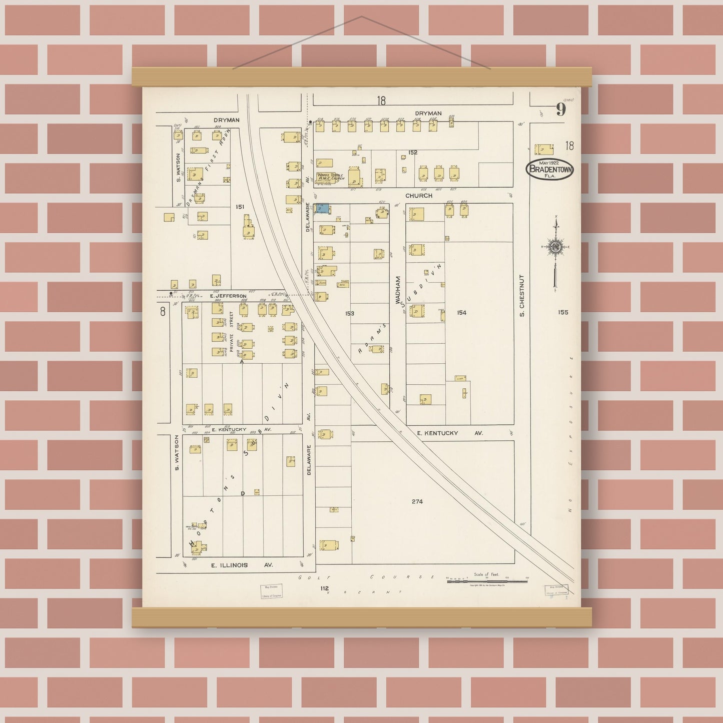Old map wall art mockup — magnetic wood frame on brick wall — Sanborn Fire Insurance Map from Bradentown, Manatee County, Florida (1922), Sheet #0009