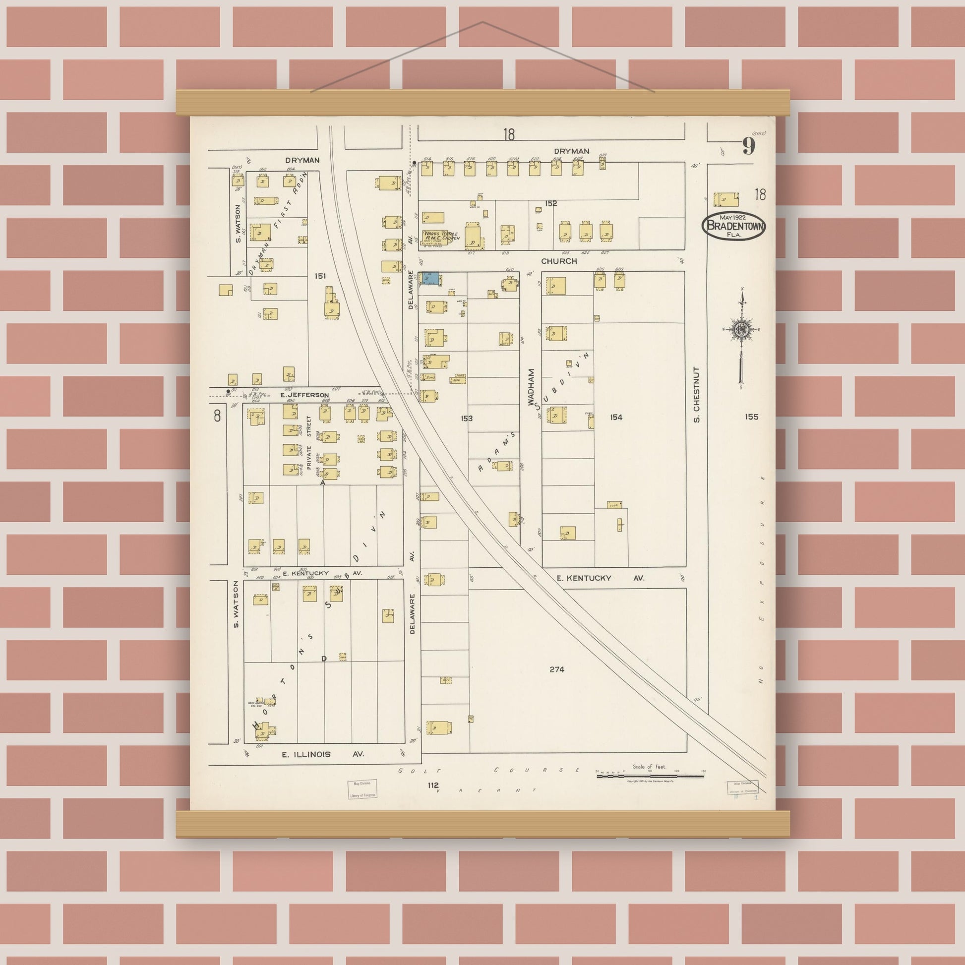 Old map wall art mockup — magnetic wood frame on brick wall — Sanborn Fire Insurance Map from Bradentown, Manatee County, Florida (1922), Sheet #0009
