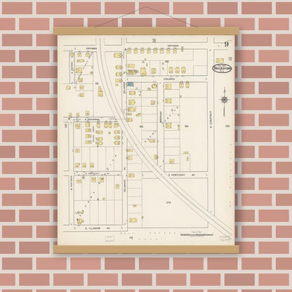 Old map wall art mockup — magnetic wood frame on brick wall — Sanborn Fire Insurance Map from Bradentown, Manatee County, Florida (1922), Sheet #0009