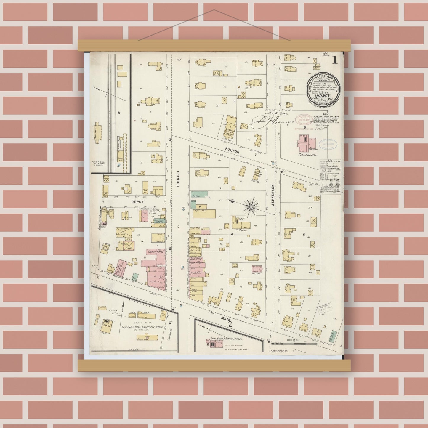 Old map wall art mockup — magnetic wood frame on brick wall — Sanborn Fire Insurance Map from Quincy, Branch County, Michigan (1897) - Complete Map Set