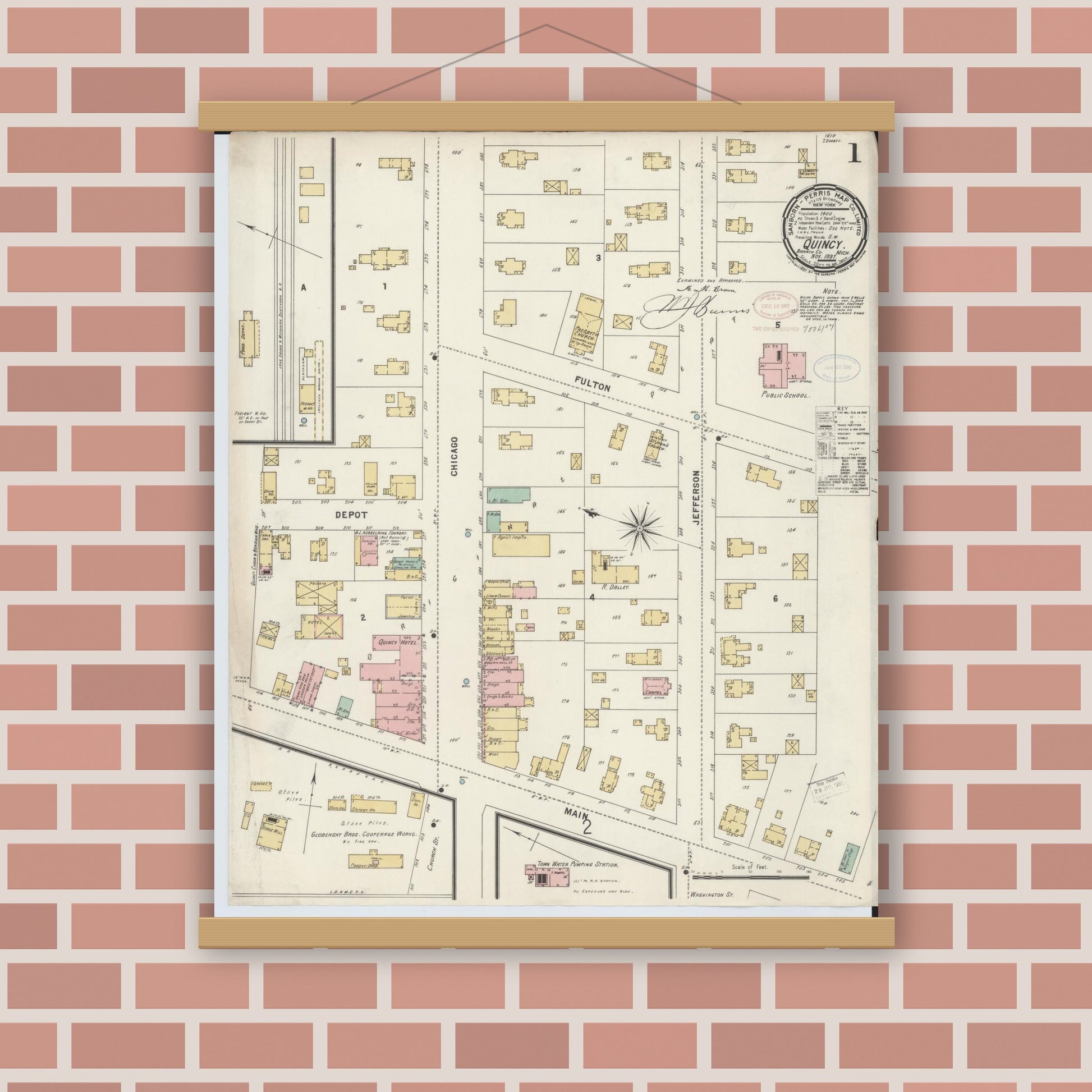 Old map wall art mockup — magnetic wood frame on brick wall — Sanborn Fire Insurance Map from Quincy, Branch County, Michigan (1897) - Complete Map Set
