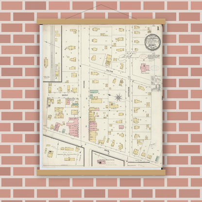 Old map wall art mockup — magnetic wood frame on brick wall — Sanborn Fire Insurance Map from Quincy, Branch County, Michigan (1897) - Complete Map Set