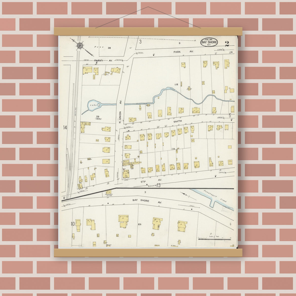 Old map wall art mockup — magnetic wood frame on brick wall — Sanborn Fire Insurance Map from Bay Shore, Suffolk County, New York (1915) - Complete Map Set