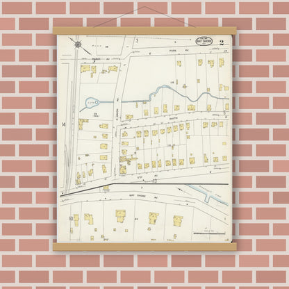 Old map wall art mockup — magnetic wood frame on brick wall — Sanborn Fire Insurance Map from Bay Shore, Suffolk County, New York (1915) - Complete Map Set