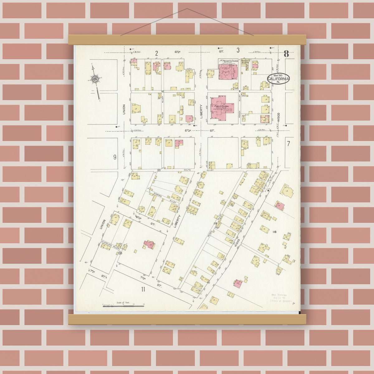 Old map wall art mockup — magnetic wood frame on brick wall — Sanborn Fire Insurance Map from California, Washington County, Pennsylvania (1913), Sheet #0008