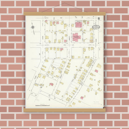 Old map wall art mockup — magnetic wood frame on brick wall — Sanborn Fire Insurance Map from California, Washington County, Pennsylvania (1913), Sheet #0008