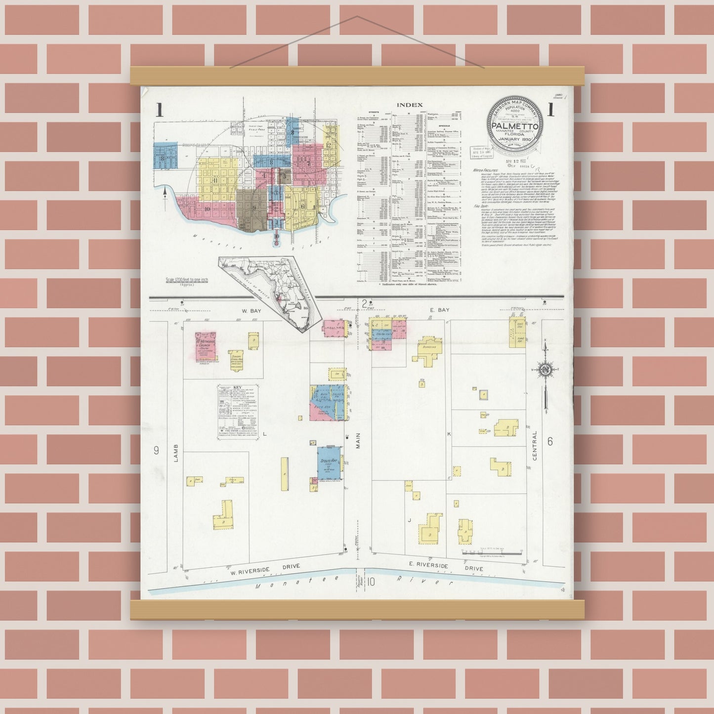 Old map wall art mockup — magnetic wood frame on brick wall — Sanborn Fire Insurance Map from Palmetto, Manatee County, Florida (1930), Sheet #0001