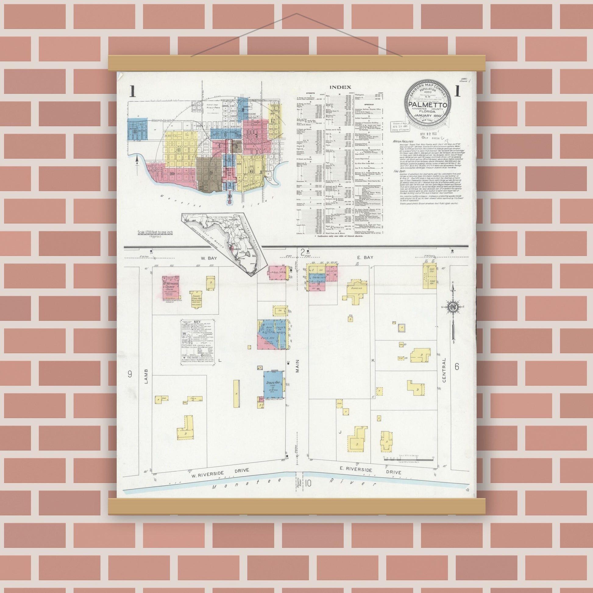 Old map wall art mockup — magnetic wood frame on brick wall — Sanborn Fire Insurance Map from Palmetto, Manatee County, Florida (1930), Sheet #0001