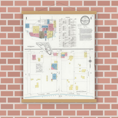 Old map wall art mockup — magnetic wood frame on brick wall — Sanborn Fire Insurance Map from Palmetto, Manatee County, Florida (1930), Sheet #0001