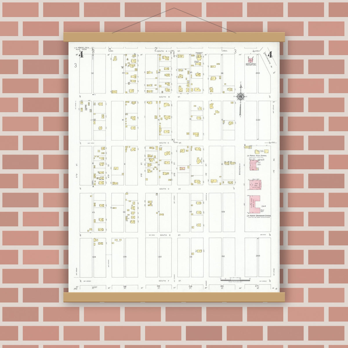 Old map wall art mockup — magnetic wood frame on brick wall — Sanborn Fire Insurance Map from La Porte, Harris County, Texas (1939), Sheet #0004
