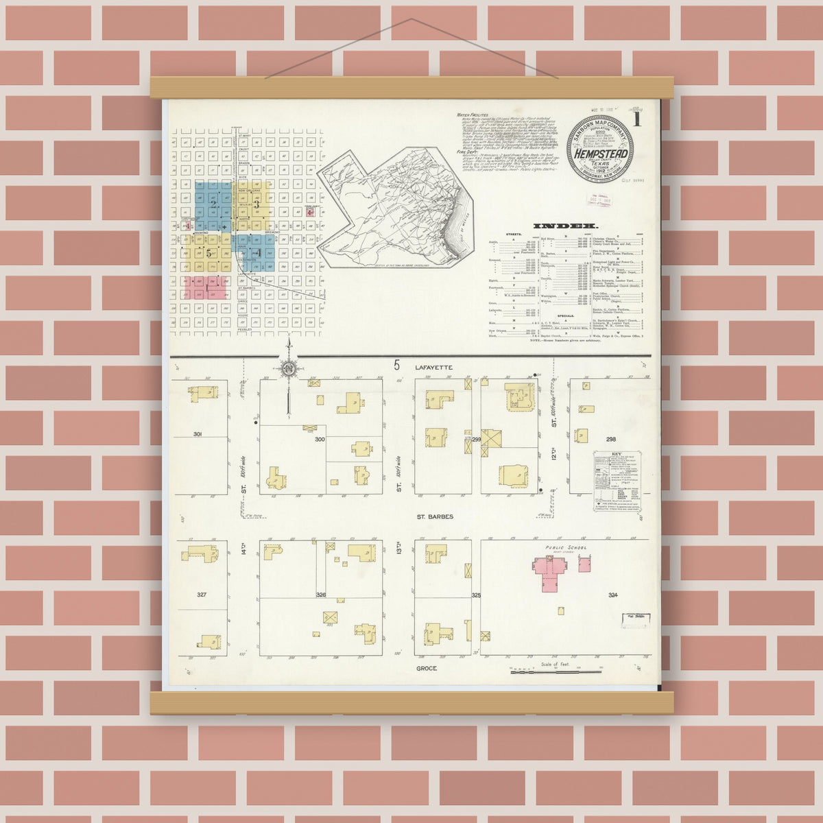 Old map wall art mockup — magnetic wood frame on brick wall — Sanborn Fire Insurance Map from Hempstead, Waller County, Texas (1912), Sheet #0001