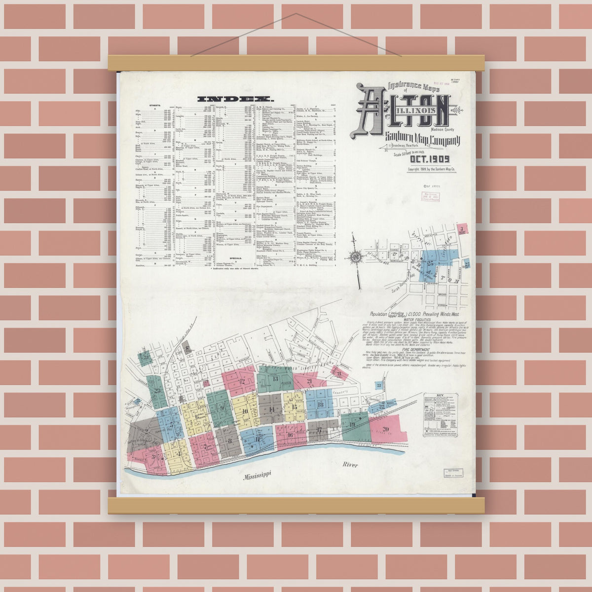 Old map wall art mockup — magnetic wood frame on brick wall — Sanborn Fire Insurance Map from Alton, Madison County, Illinois (1909), Sheet #0001