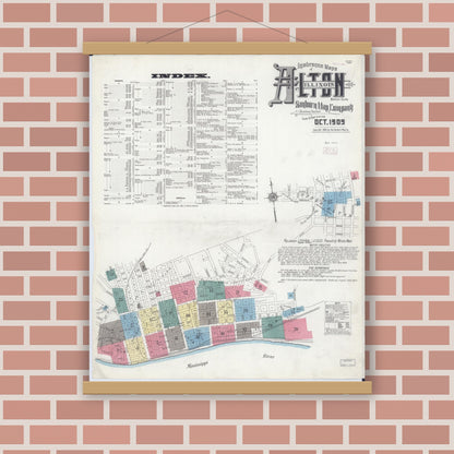 Old map wall art mockup — magnetic wood frame on brick wall — Sanborn Fire Insurance Map from Alton, Madison County, Illinois (1909), Sheet #0001