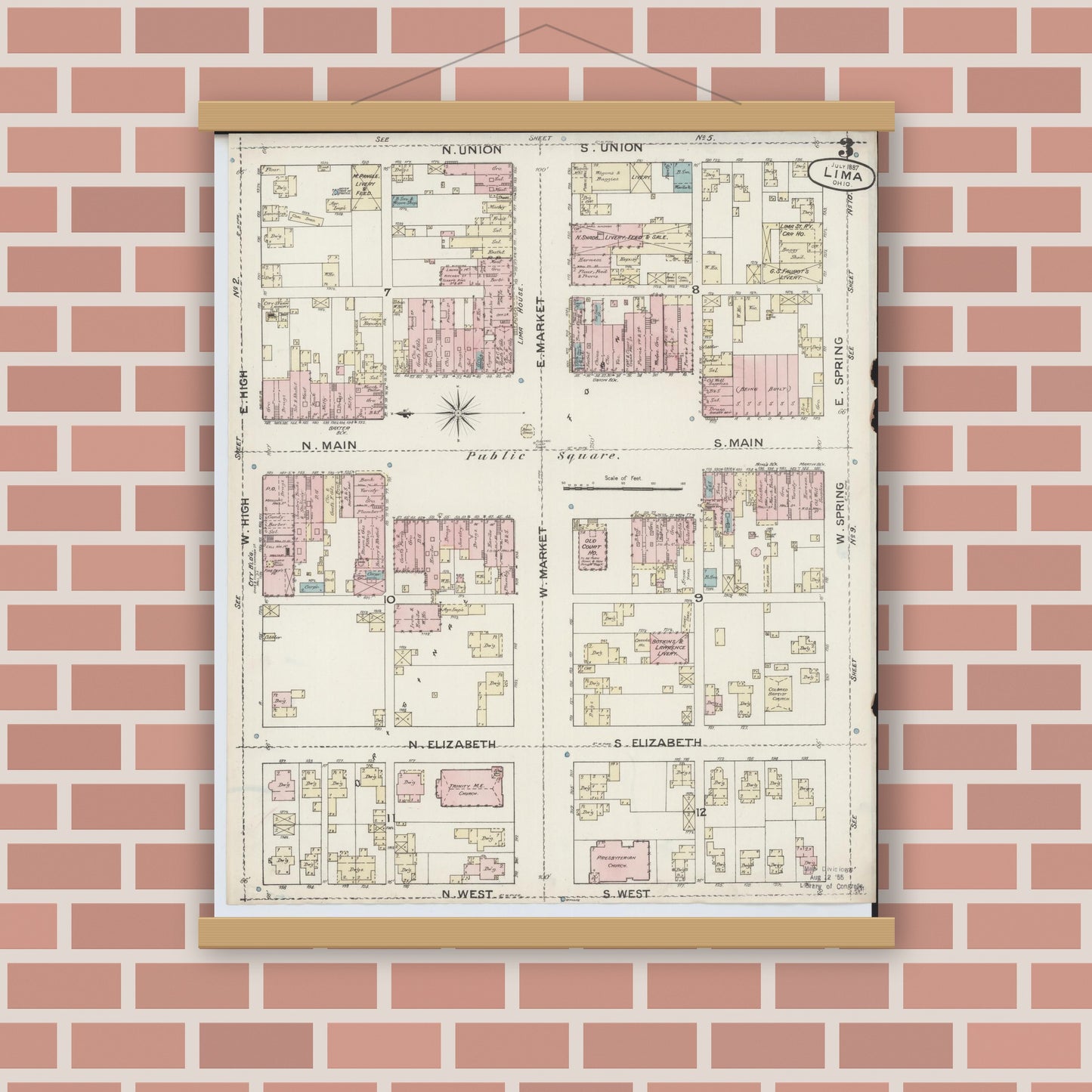 Old map wall art mockup — magnetic wood frame on brick wall — Sanborn Fire Insurance Map from Lima, Allen County, Ohio (1887), Sheet #0003