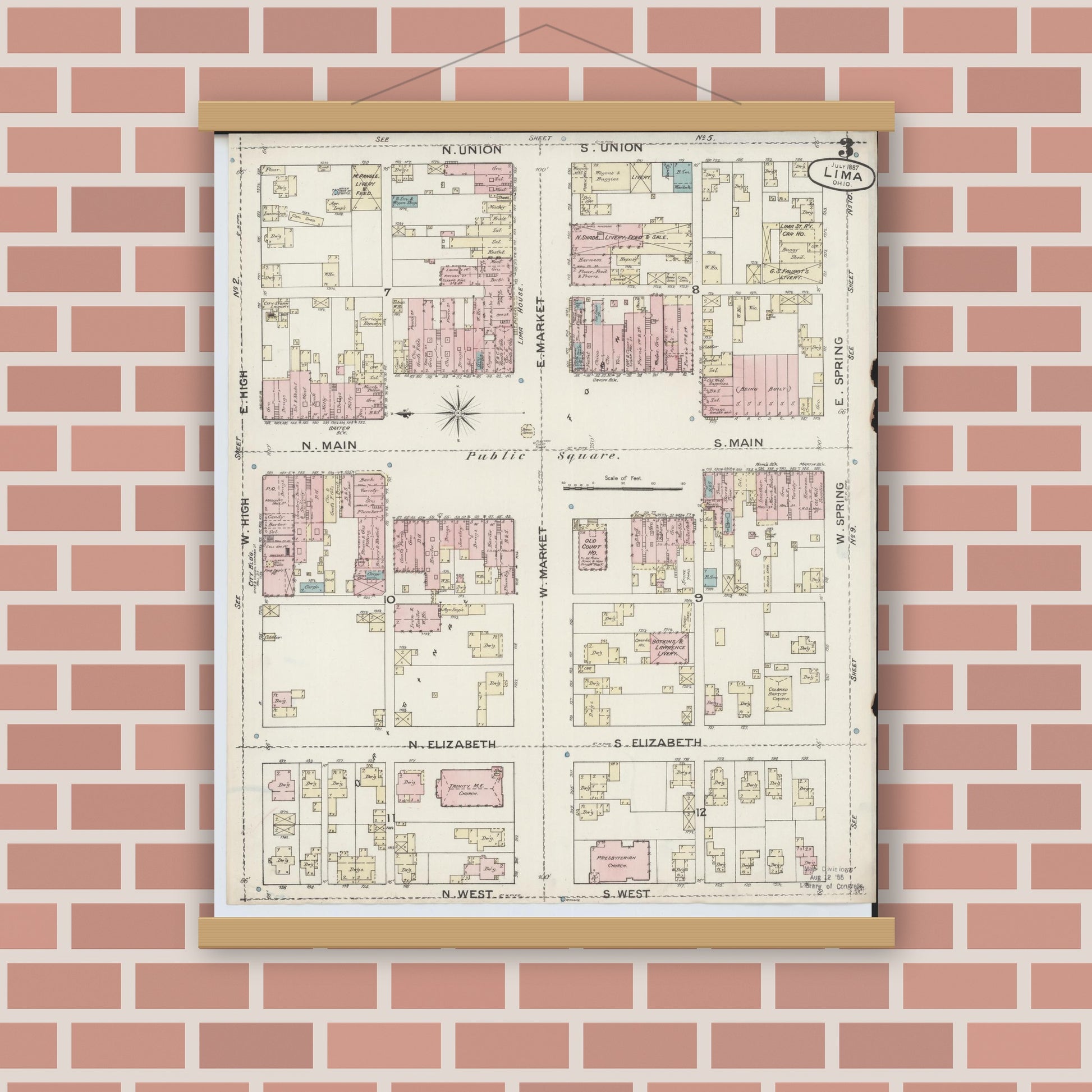 Old map wall art mockup — magnetic wood frame on brick wall — Sanborn Fire Insurance Map from Lima, Allen County, Ohio (1887), Sheet #0003