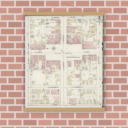 Old map wall art mockup — magnetic wood frame on brick wall — Sanborn Fire Insurance Map from Lima, Allen County, Ohio (1887), Sheet #0003