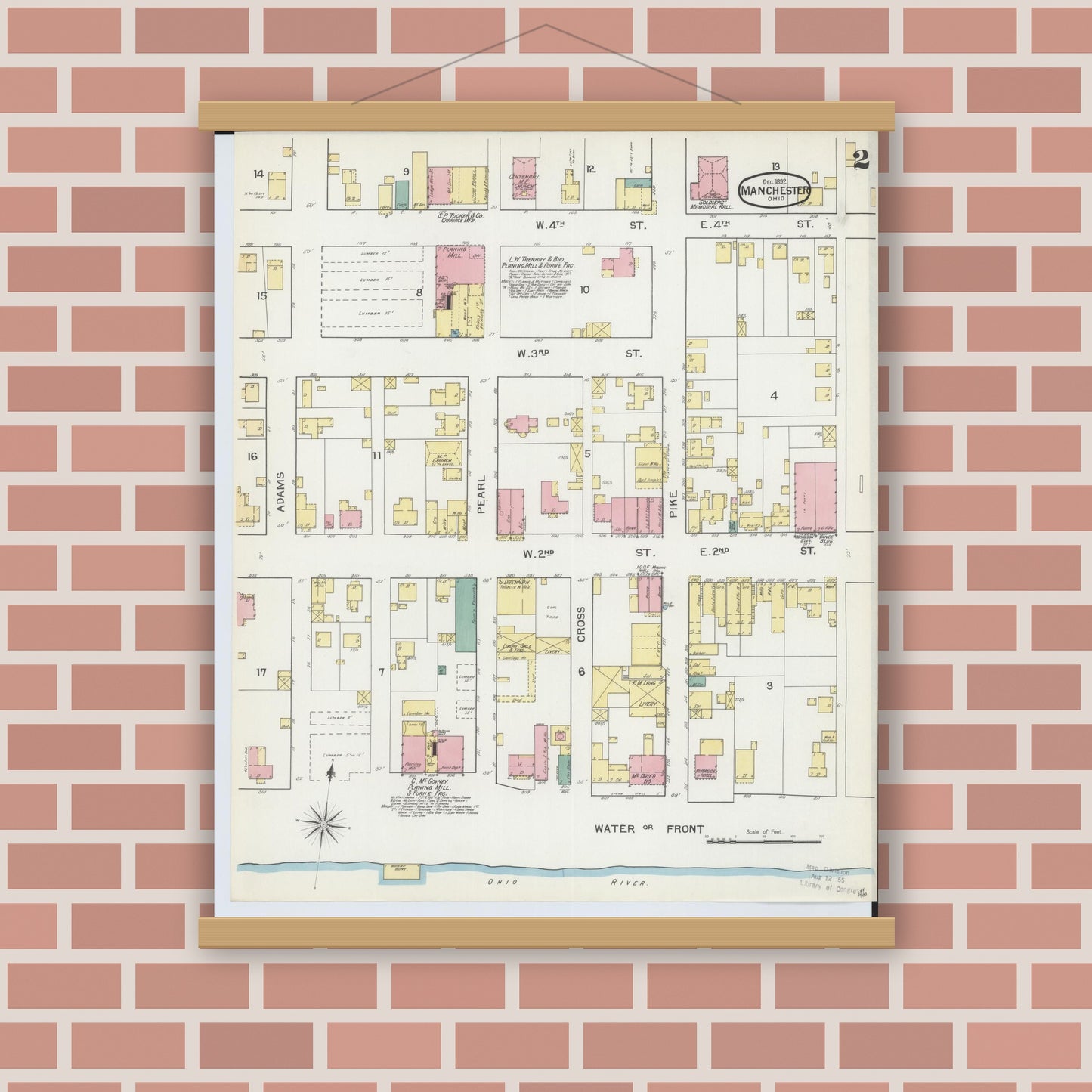 Old map wall art mockup — magnetic wood frame on brick wall — Sanborn Fire Insurance Map from Manchester, Adams County, Ohio (1892), Sheet #0002
