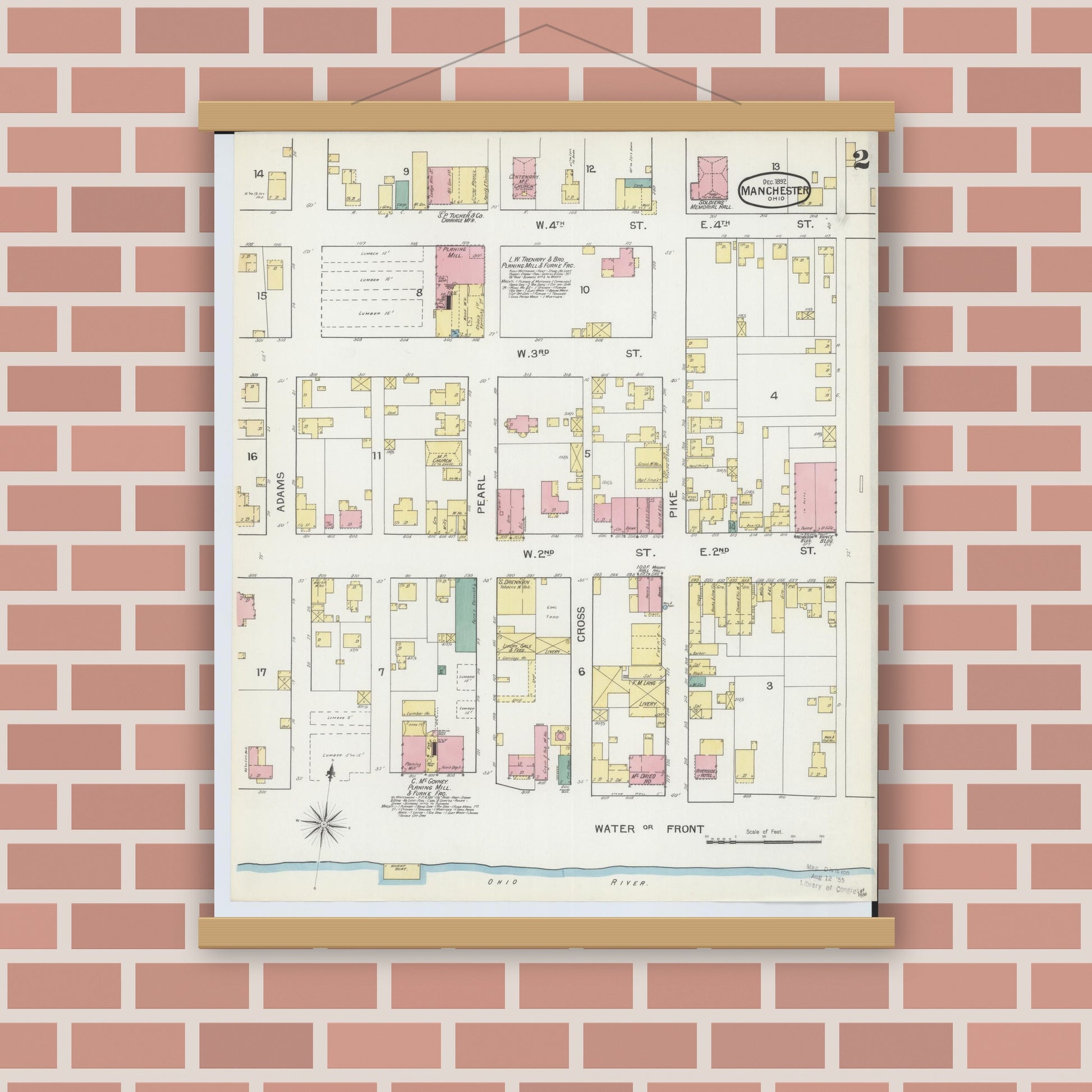 Old map wall art mockup — magnetic wood frame on brick wall — Sanborn Fire Insurance Map from Manchester, Adams County, Ohio (1892), Sheet #0002